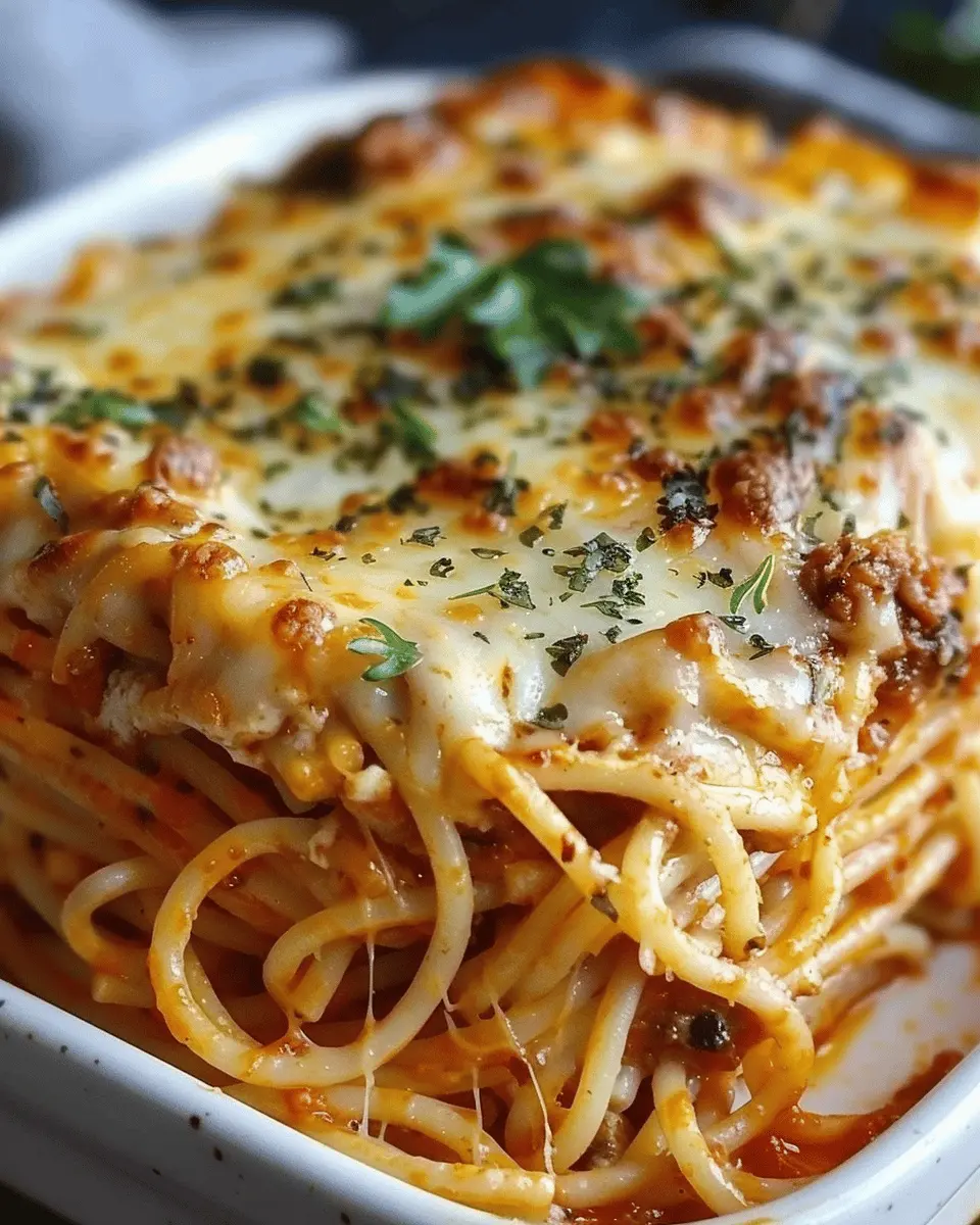 Baked Cream Cheese Spaghetti Casserole with Turkey Bacon Delight