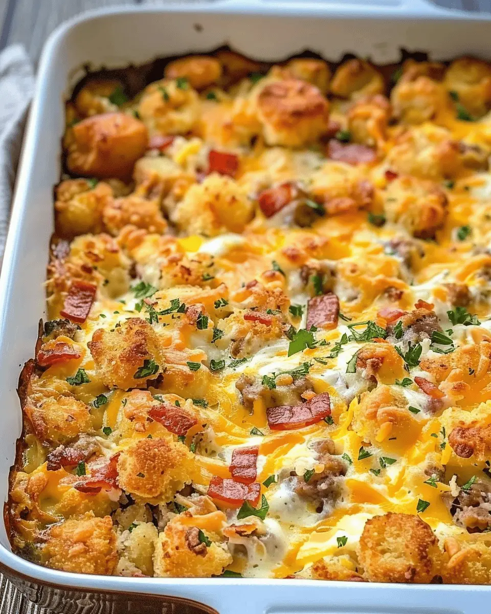 Cracked Out Tater Tot Breakfast Casserole with Turkey Bacon and Chicken Ham