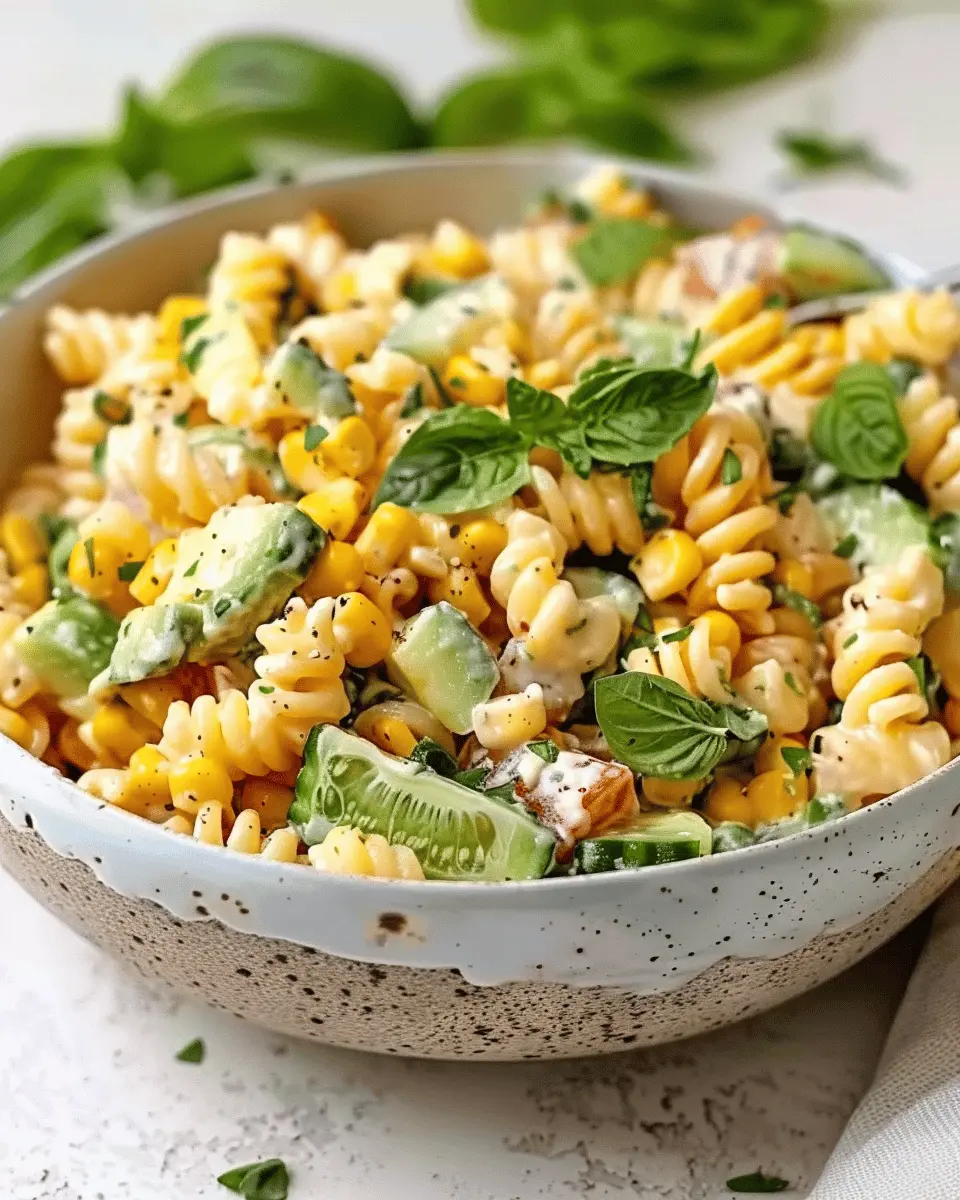 Creamy Street Corn Pasta Salad with Turkey Bacon and Chicken Ham
