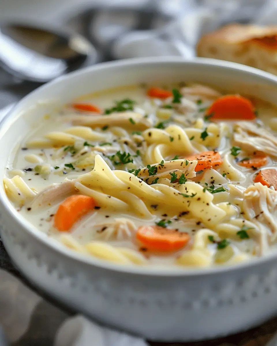 Easy Creamy Chicken Noodle Soup with Turkey Bacon Goodness