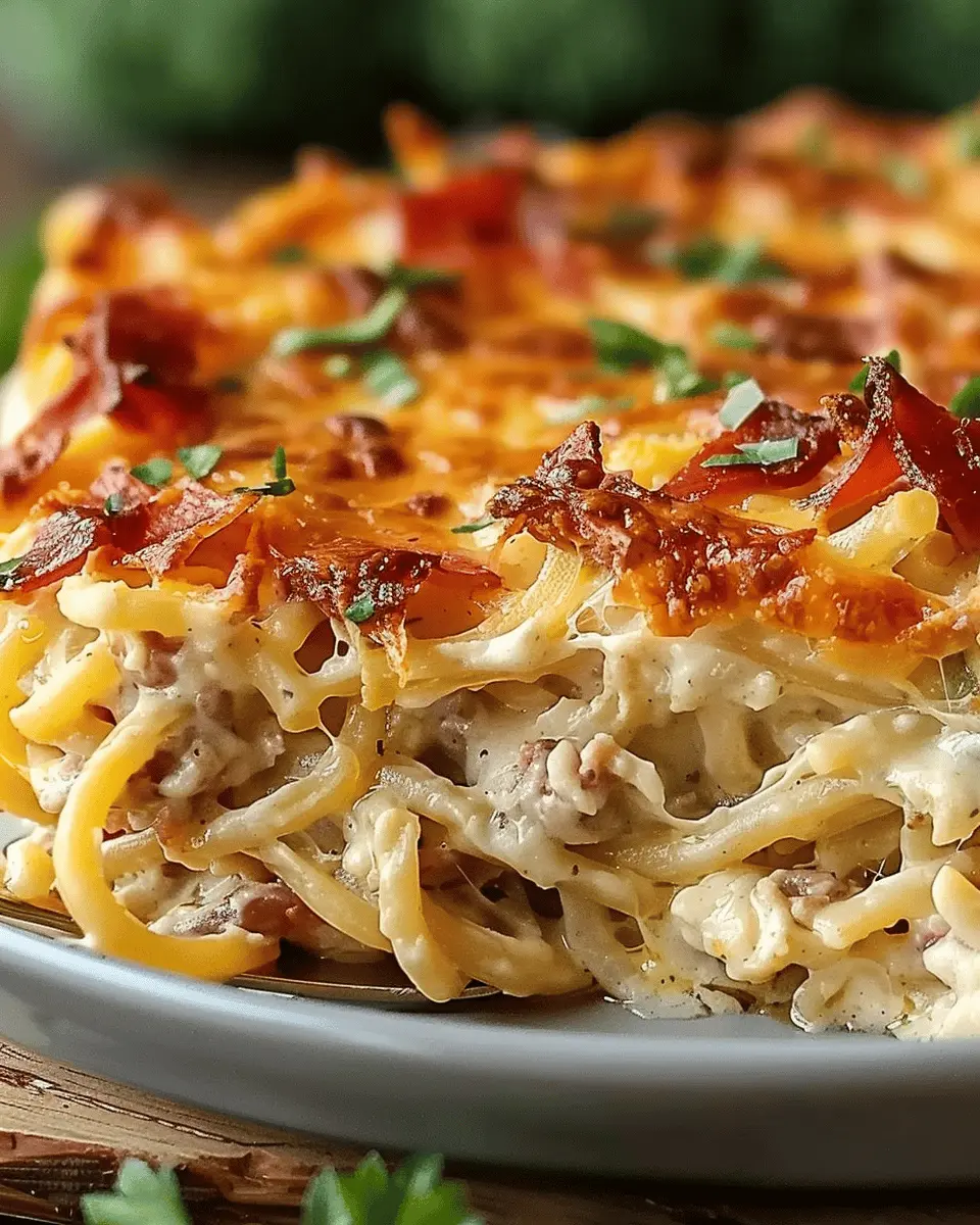 Creamy Southern Spaghetti Bake with Turkey Bacon and Chicken Ham