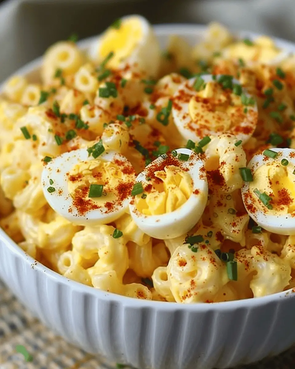 Deviled Egg Macaroni Salad with Turkey Bacon and Chicken Ham Delight