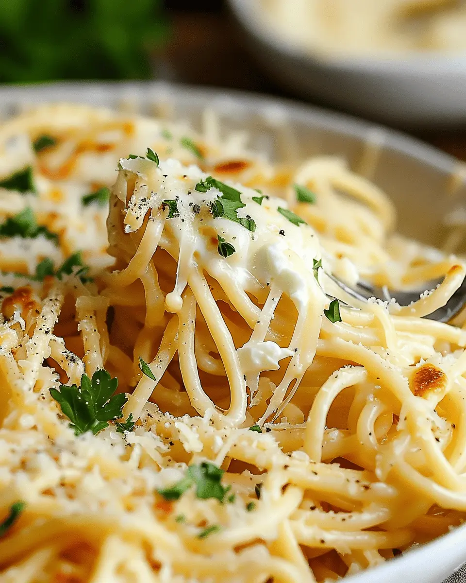 Cheesy garlic parmesan spaghetti with cream cheese and turkey bacon