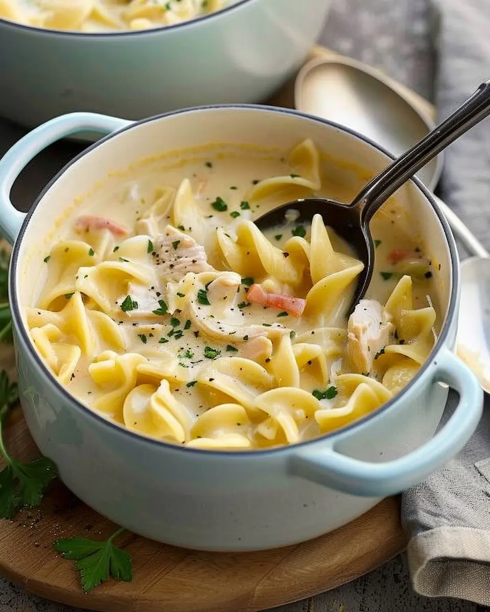 Best Creamy Chicken Noodle Soup with Turkey Bacon Delight