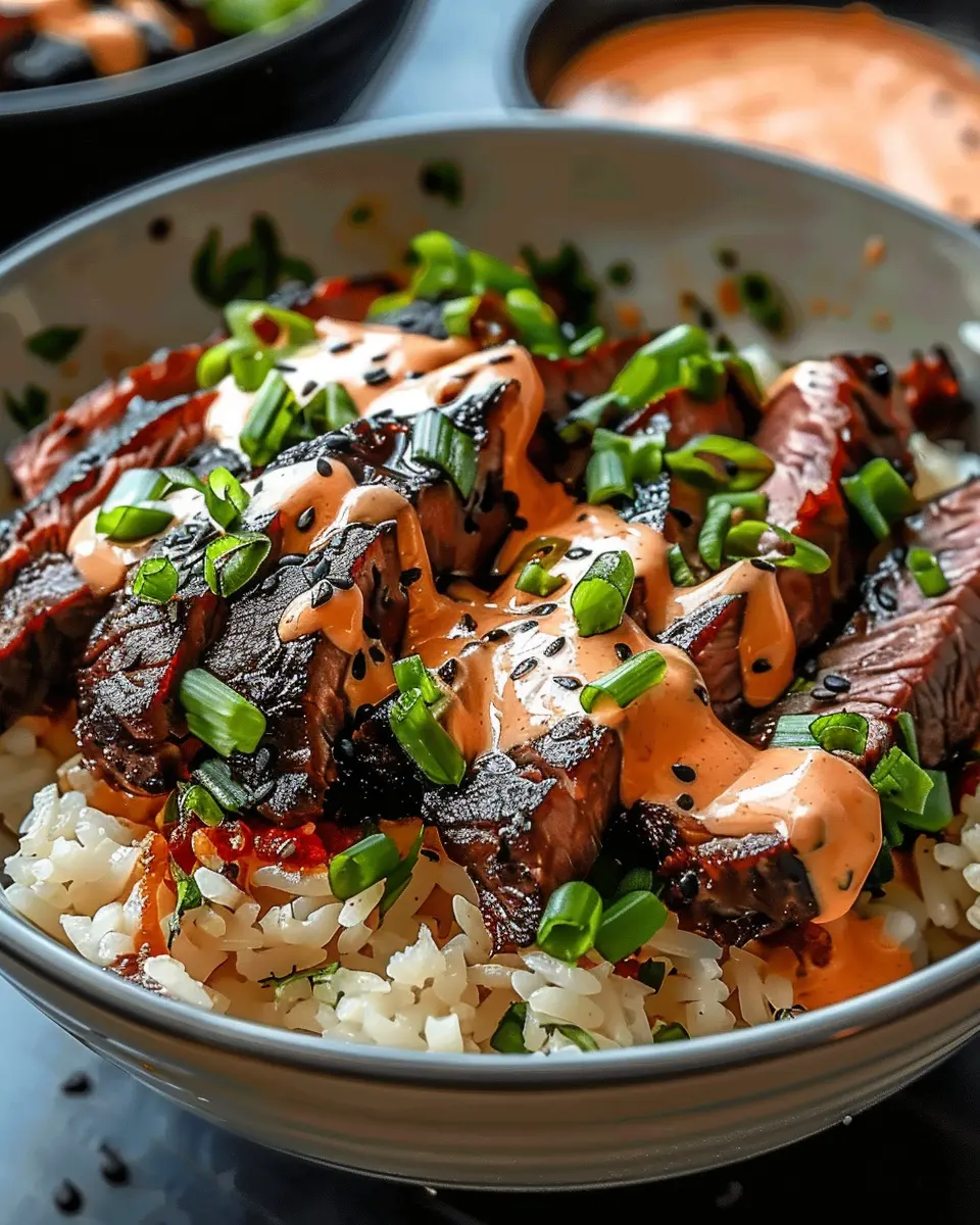 Korean BBQ Steak Rice Bowls: Easy Bowls with Spicy Cream Sauce
