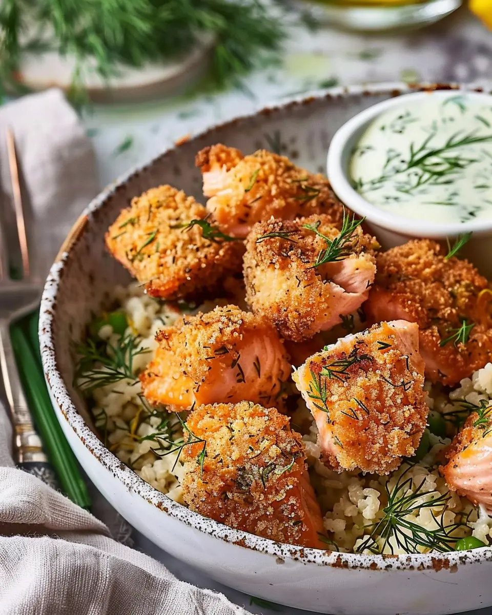 Air Fryer Crispy Salmon Bites with Lemon Dill Sauce