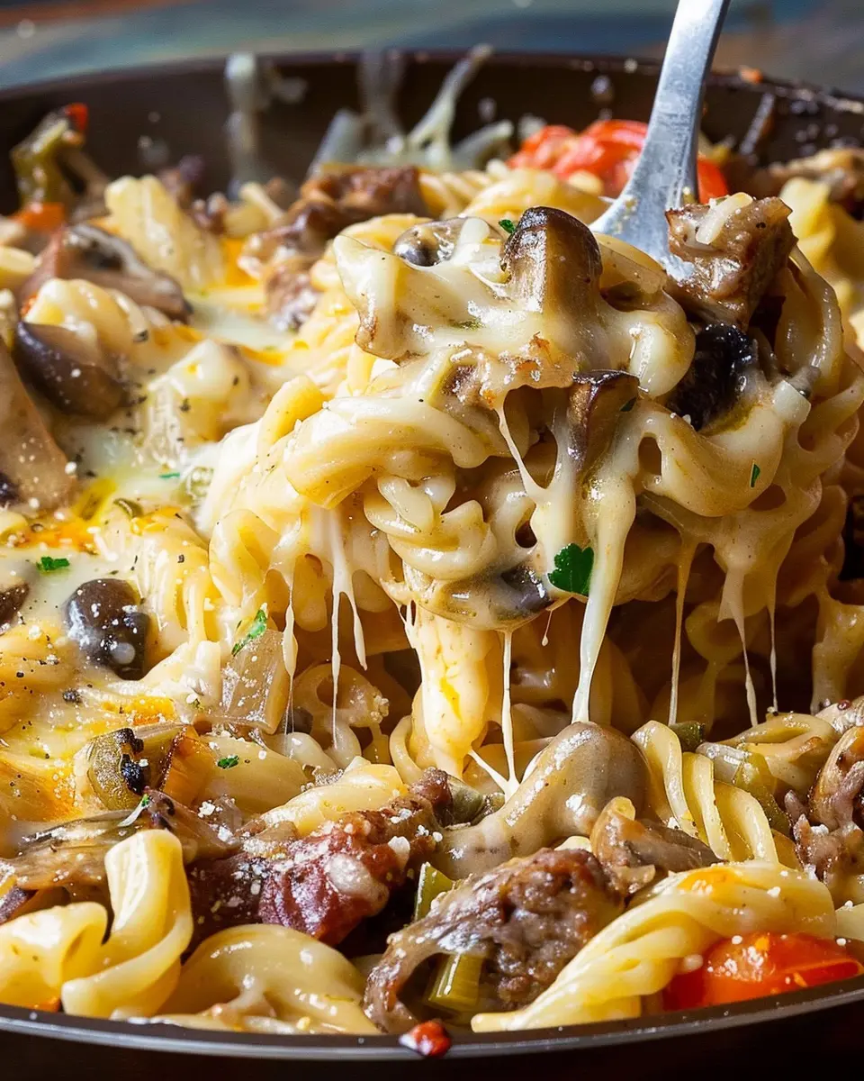 Philly Cheesesteak Pasta: Easy Indulgence with Turkey Bacon and Chicken Ham