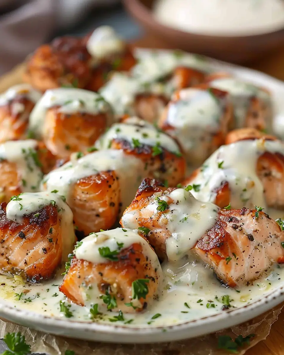 Air Fryer Salmon Bites: Juicy Treats with Garlic Cream Sauce