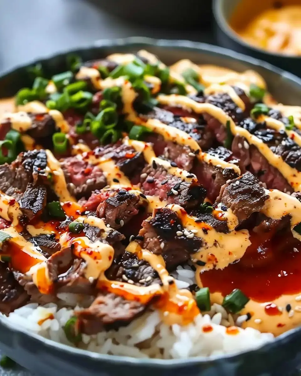 Korean BBQ Steak Rice Bowls with Spicy Cream Sauce Delight
