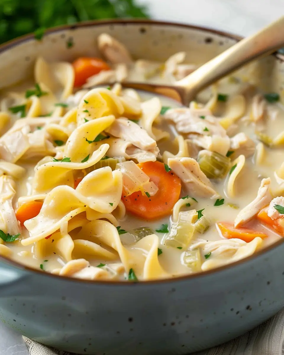 Easy Creamy Chicken Noodle Soup with Turkey Bacon Twist