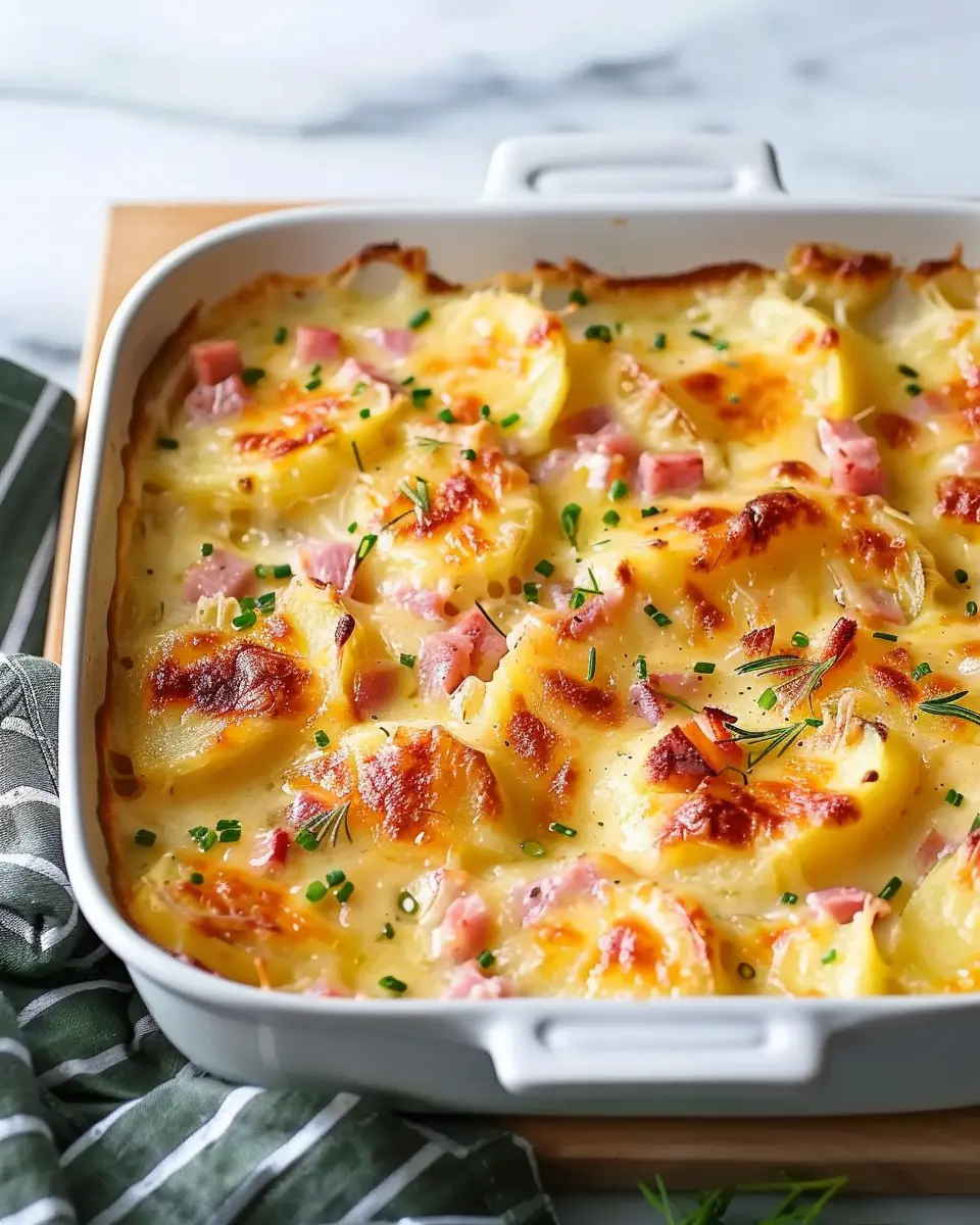 Scalloped Potatoes and Ham Made Indulgent with Chicken Ham and Turkey Bacon