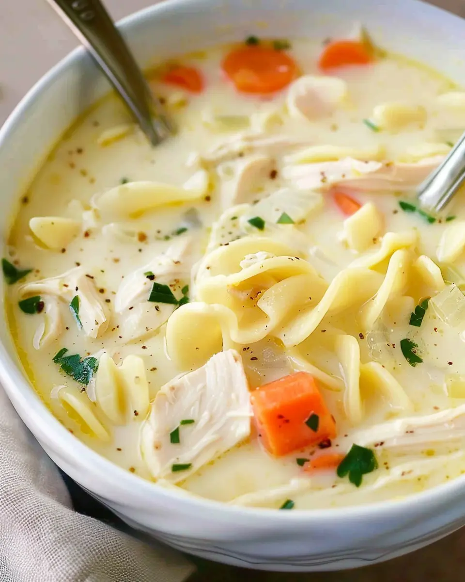 Creamy Chicken Noodle Soup with Turkey Bacon and Fresh Herbs