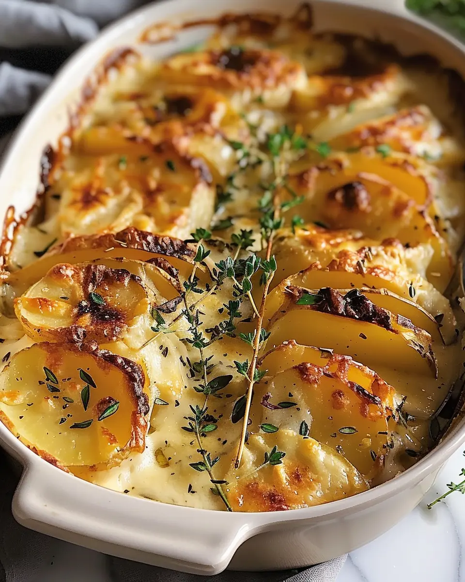 Irresistibly Creamy Cheese Herb Potato Gratin with Turkey Bacon