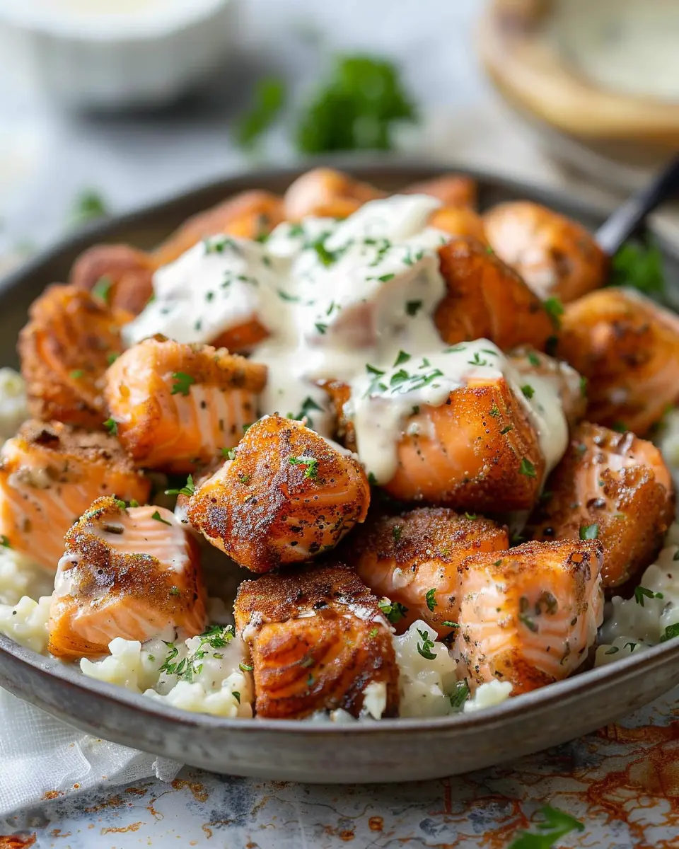 Air Fryer Salmon Bites with Garlic Cream Sauce