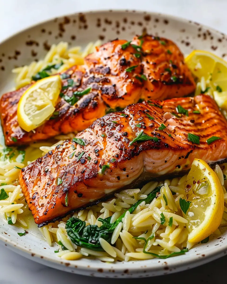 30-Minute Seared Salmon with Lemon Orzo
