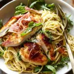Basil Parmesan Pasta with Crispy Chicken, Prosciutto, and Arugula