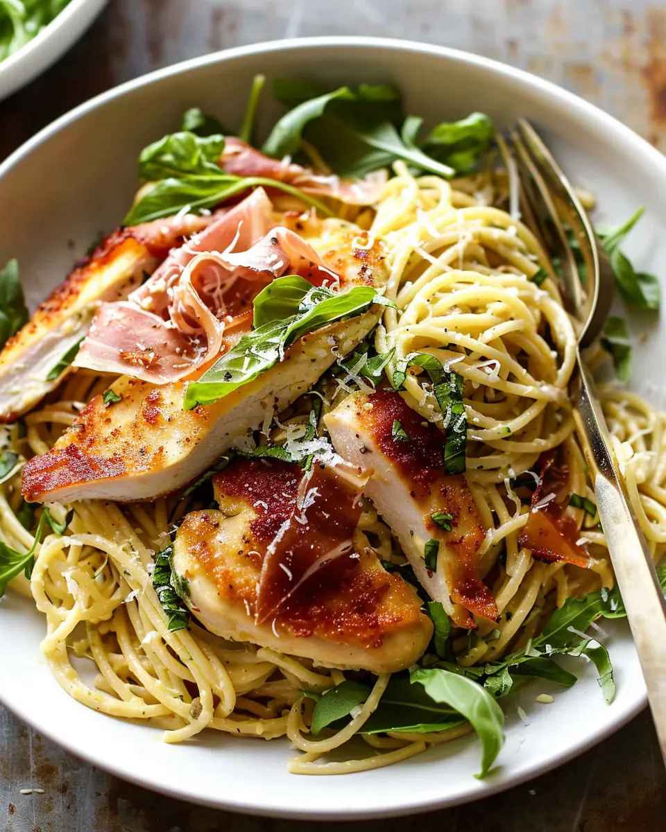 Basil Parmesan Pasta with Crispy Chicken, Prosciutto, and Arugula