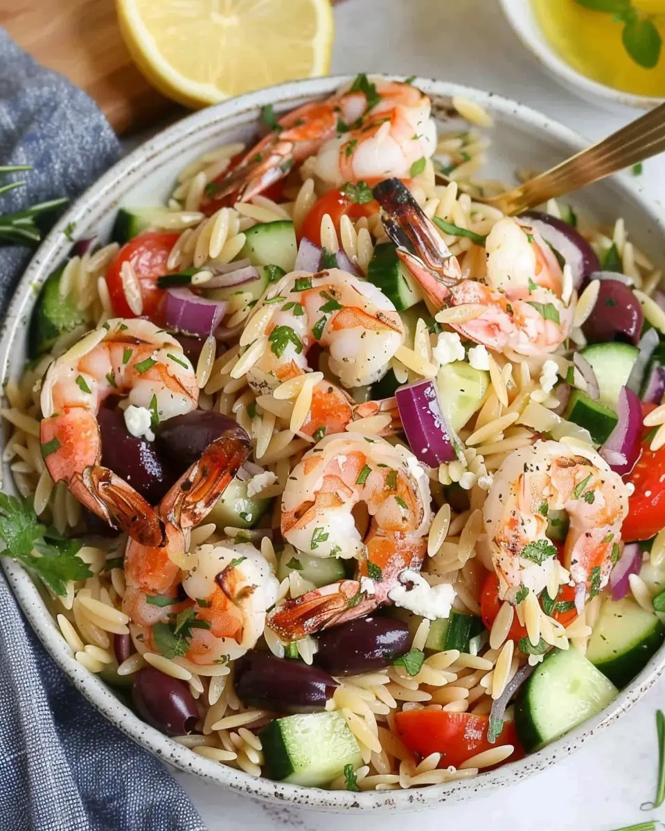 Greek Orzo Pasta Salad with Grilled Shrimp
